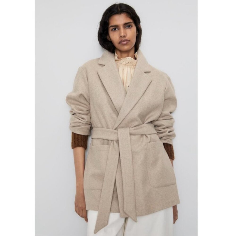 ZARA Women's Unlined Fleece Belted‎ Coat "Sand" | Size L